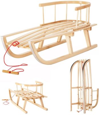 IMPWOOD MBM Holzschlitten mit Rückenlehne und Zugseil Schlitten aus Holz Kinderschlitten