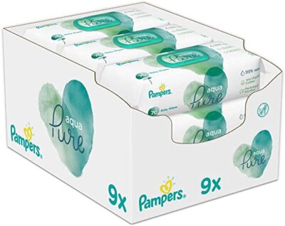 Pampers Aqua Pure Feuchttücher 9 Packungen (9 x 48 Stück), 432 Feuchttücher, Mit 99% Purem Wasser, Dermatologisch Getestet