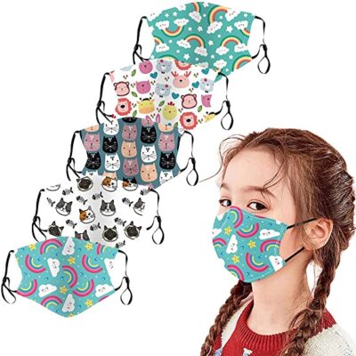 CICIYONER 5 Stück Kinder-Mundschutz mit motiv Cartoon Druck,Waschbar Wiederverwendbar,Baumwolle Stoff Atmungsaktiv,Gesichtsschutz Halstuch Für Jungen Mädchen