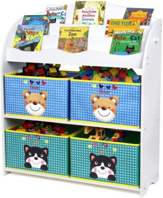 Homfa Kinder Aufbewahrungsregal Bücherregal Kinderregal Spielzeugaufbewahrungregal Spielzeugkiste Kinderkommode mit 4 Faltbarer schubladen, Motiv(Bär und Katze)