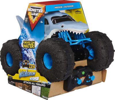 Monster Jam 6056227 – Megalodon Storm, ferngesteuertes Amphibienfahrzeug in Hai-Optik für Land und Wasser, Maßstab 1:15