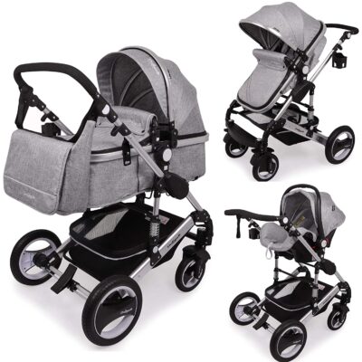 Daliya Bambimo 3 in 1 Kinderwagen – Kombikinderwagen Riesenset 14-Teilig incl. Babywanne & Buggy & Auto-Babyschale – Alu-Rahmen/Voll-Gummireifen – Wickeltasche/Regenschutz/Kindertisch in Grau